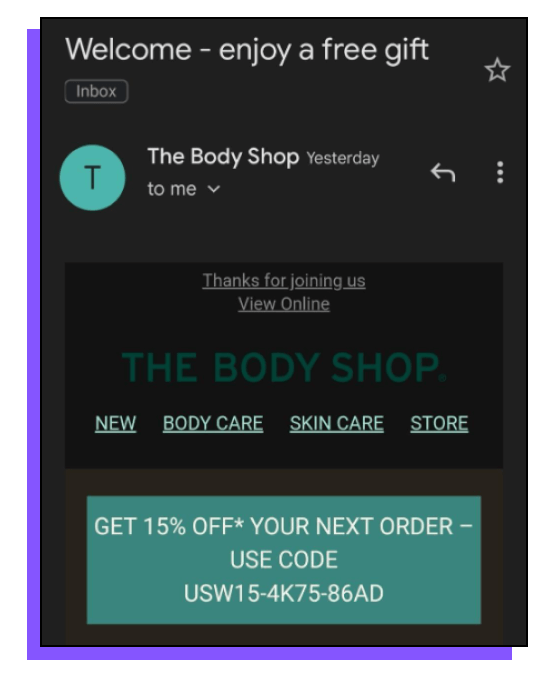 Ecommerce Personalization Strategy - The Body Shop Welcome Gift