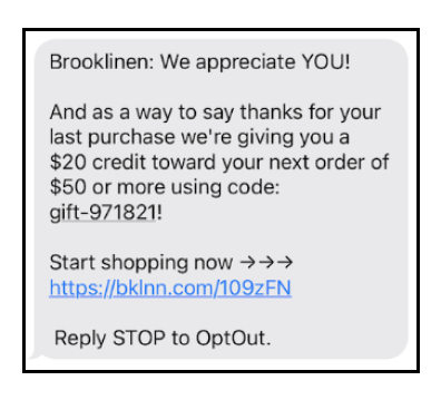 SMS Marketing Campaign Example - Brooklinen Repurchase Campaign