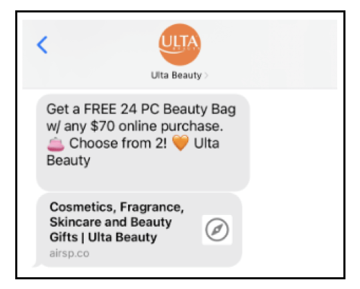 SMS Marketing Campaign Example - Ulta Beauty Free Bag Campaign