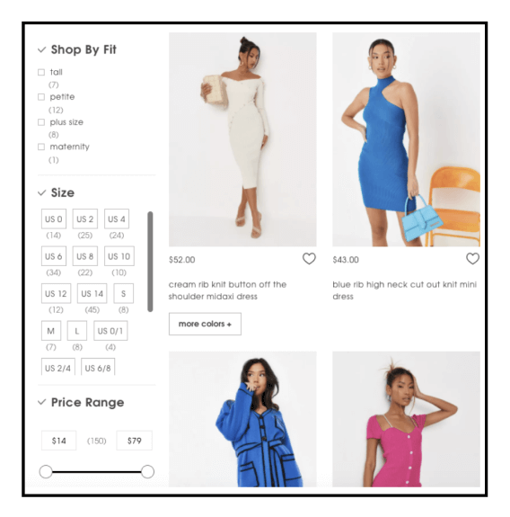 Improve Ecommerce Customer Experience - Missguided Product Filter