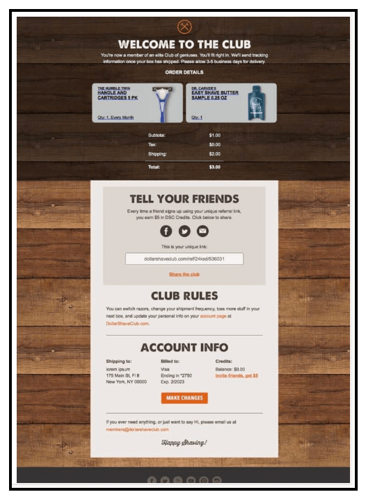 Killer Email Campaign Examples - Order confirmation email from Dollar Shave Club