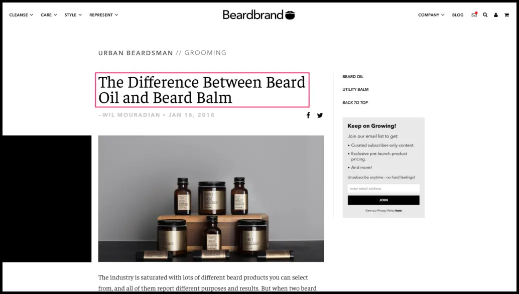 Search engine optimization and content marketing by Beardbrand at Awareness Stage