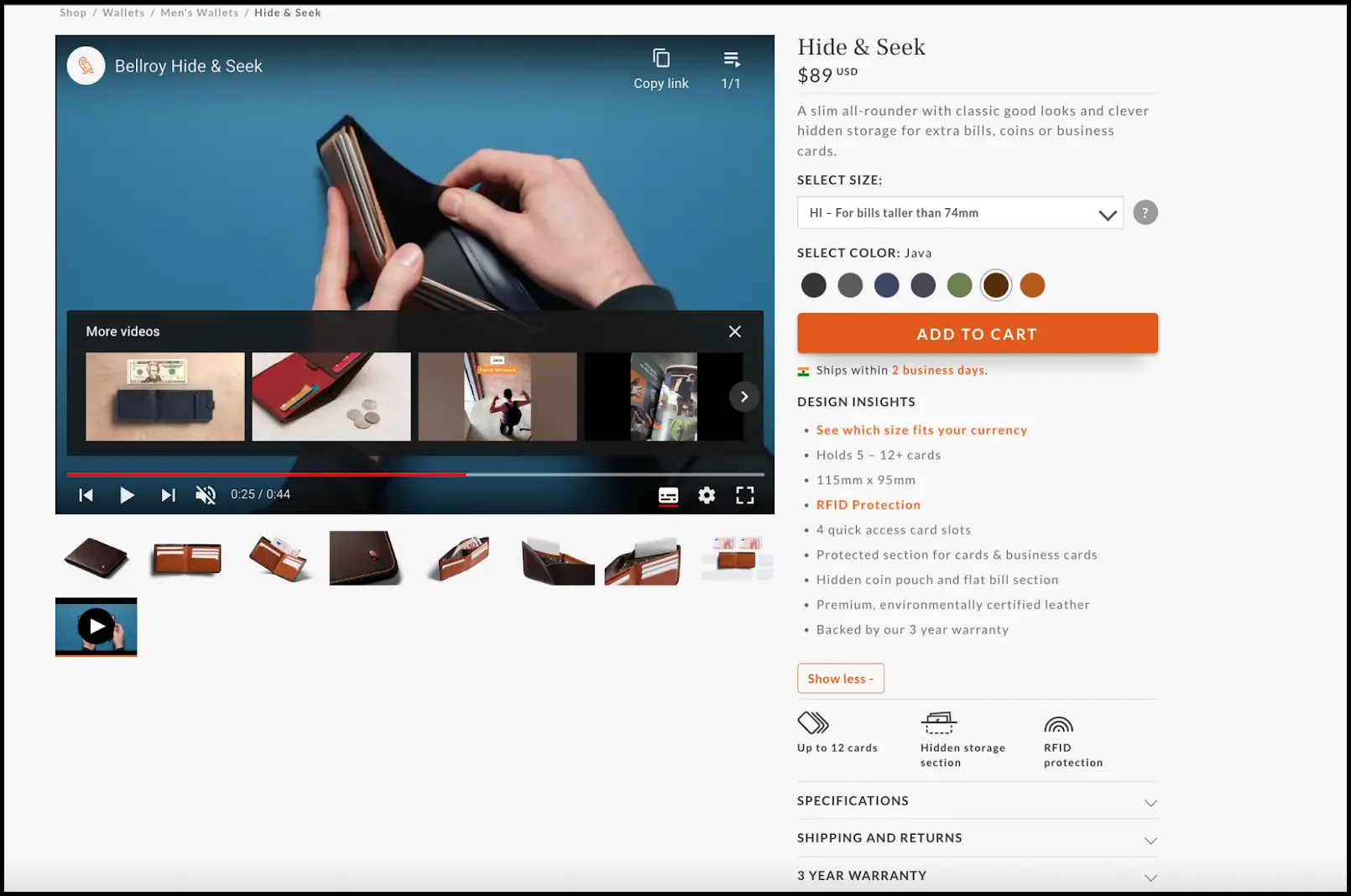 Bellroy Helps visitors make better decisions with detailed product specifications