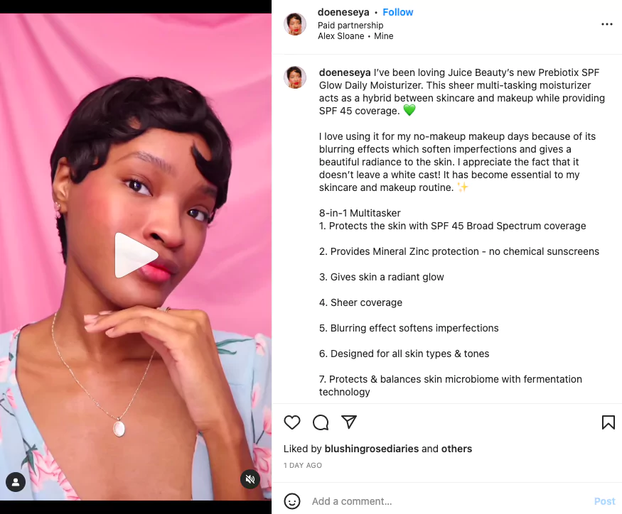 Instagram beauty influencer @doeneseya partners with skincare brands, such as Juice Beauty,