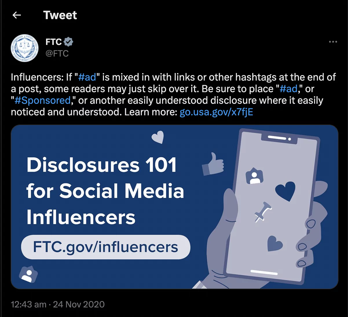 Tweet From Federal Trade Commission to Understand the Rules of Influencer Marketing