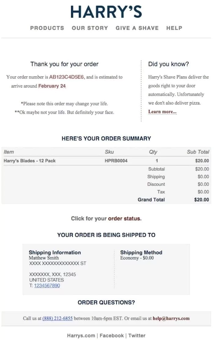 Order and Purchase Confirmations Email Example from Harry's