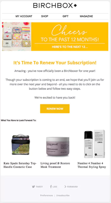 Subscription Updates and Renewals Email Example from BirchBox