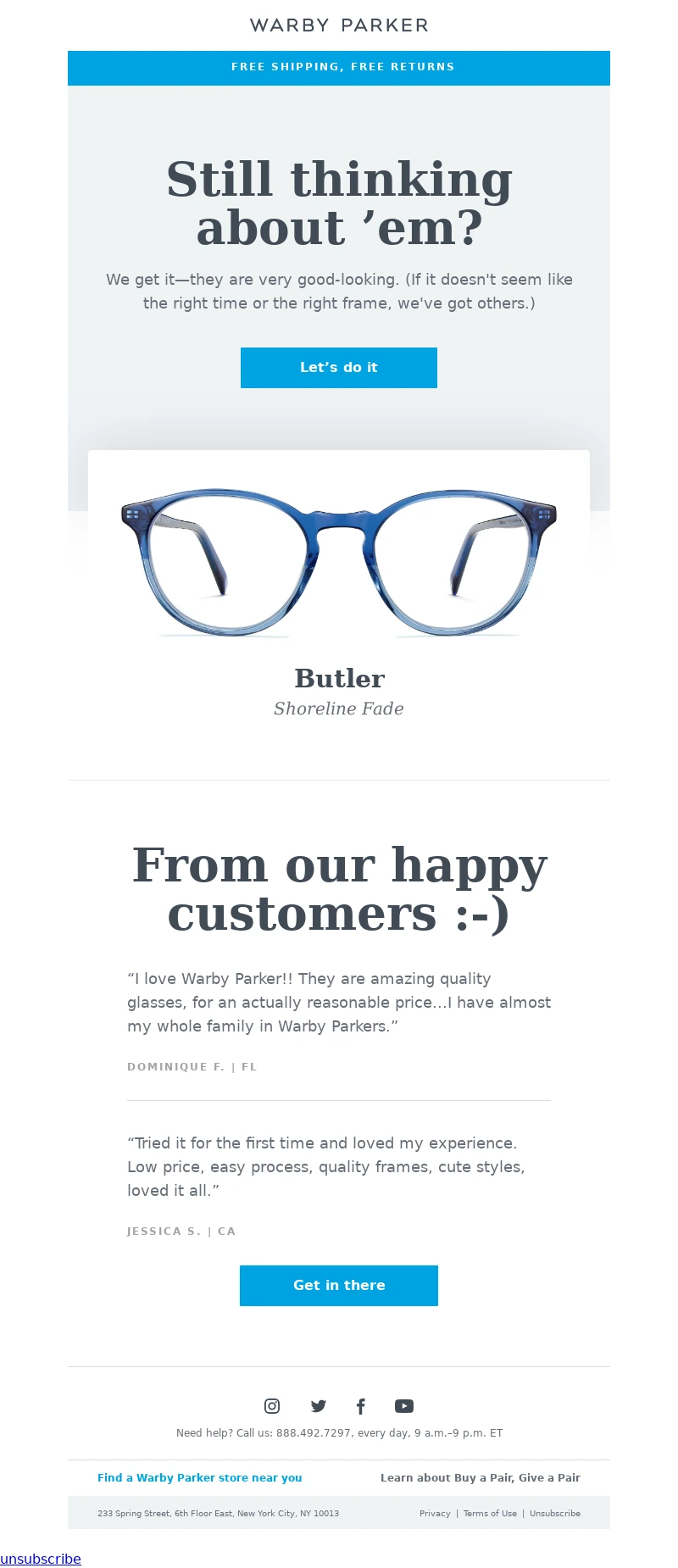 Exclusive Offer email example - Warby Parker