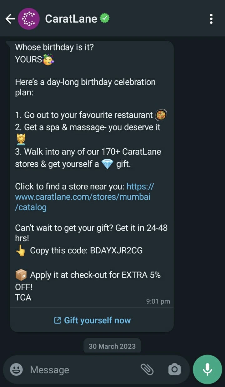 WhatsApp marketing example CaratLane