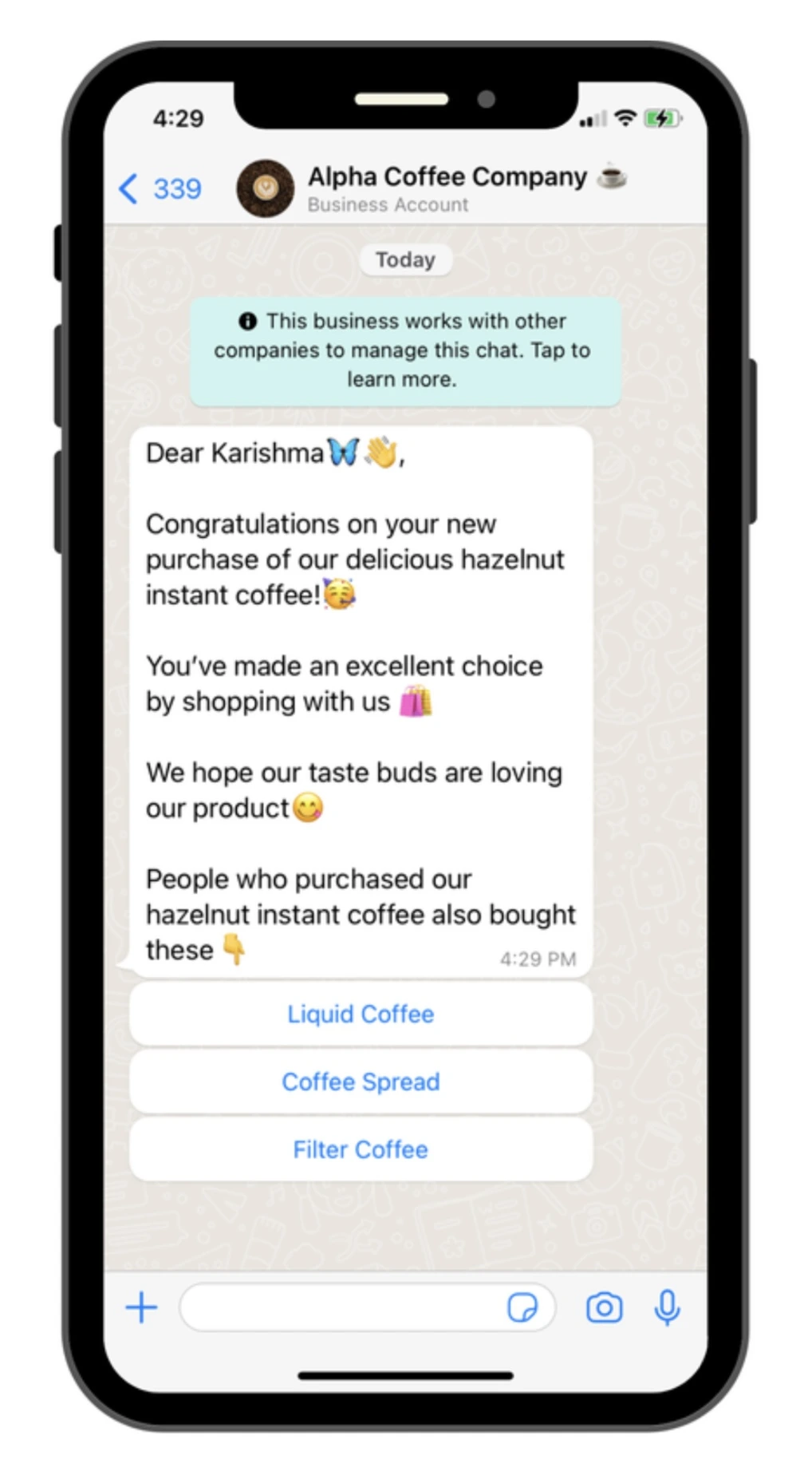 WhatsApp marketing example -Alpha Coffee