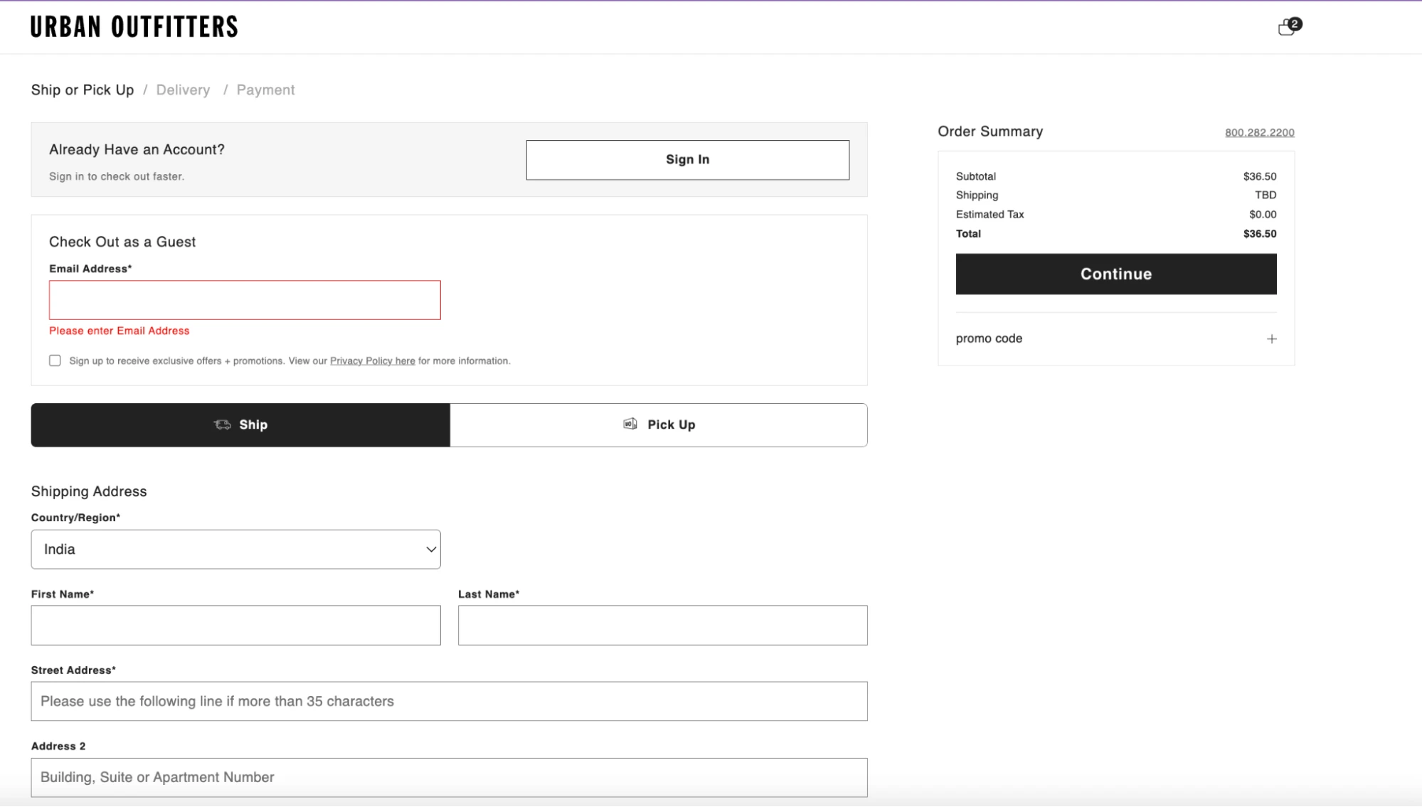 Shopify checkout page - Guest checkout done like Urban Outfitters. 