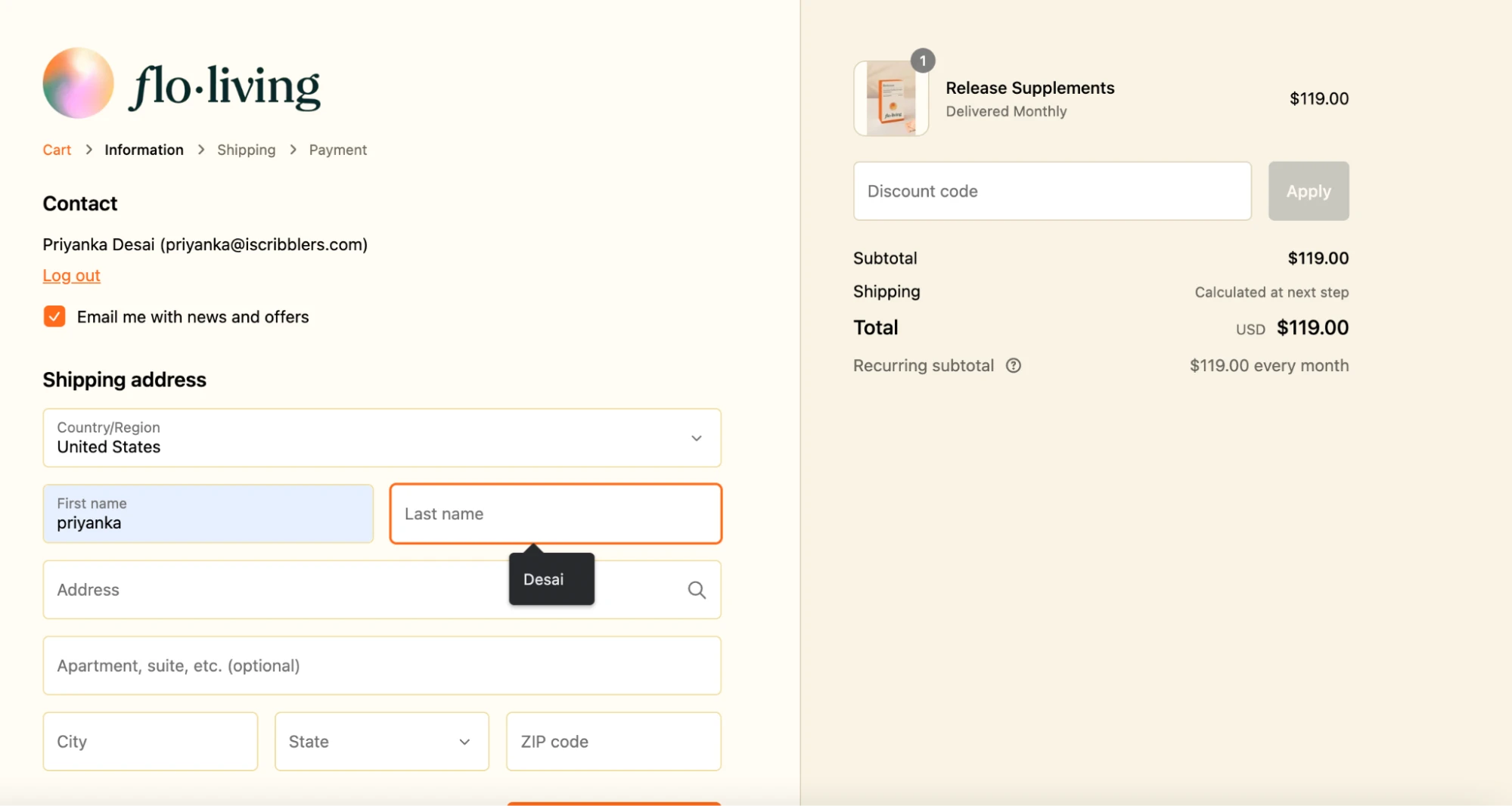 Shopify checkout page -Using auto-fill like Flo living