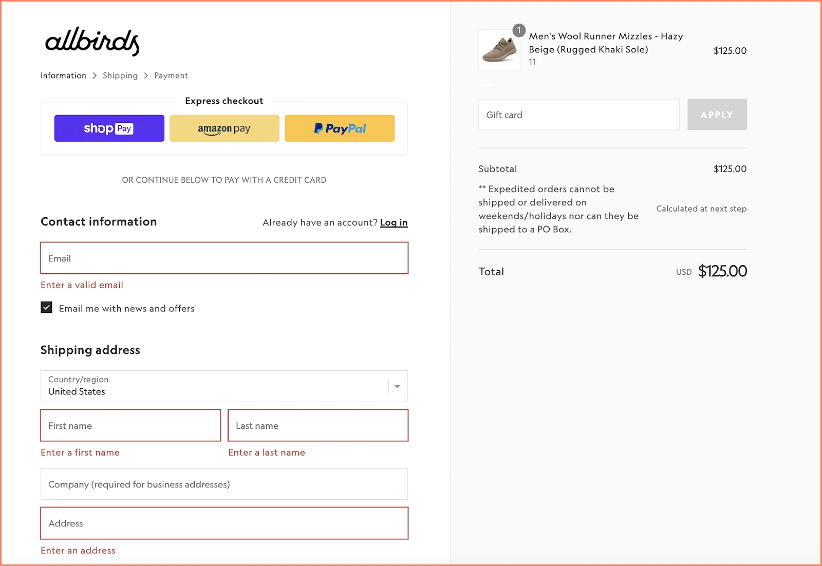 Shopify checkout page - One-click checkout used like allbirds