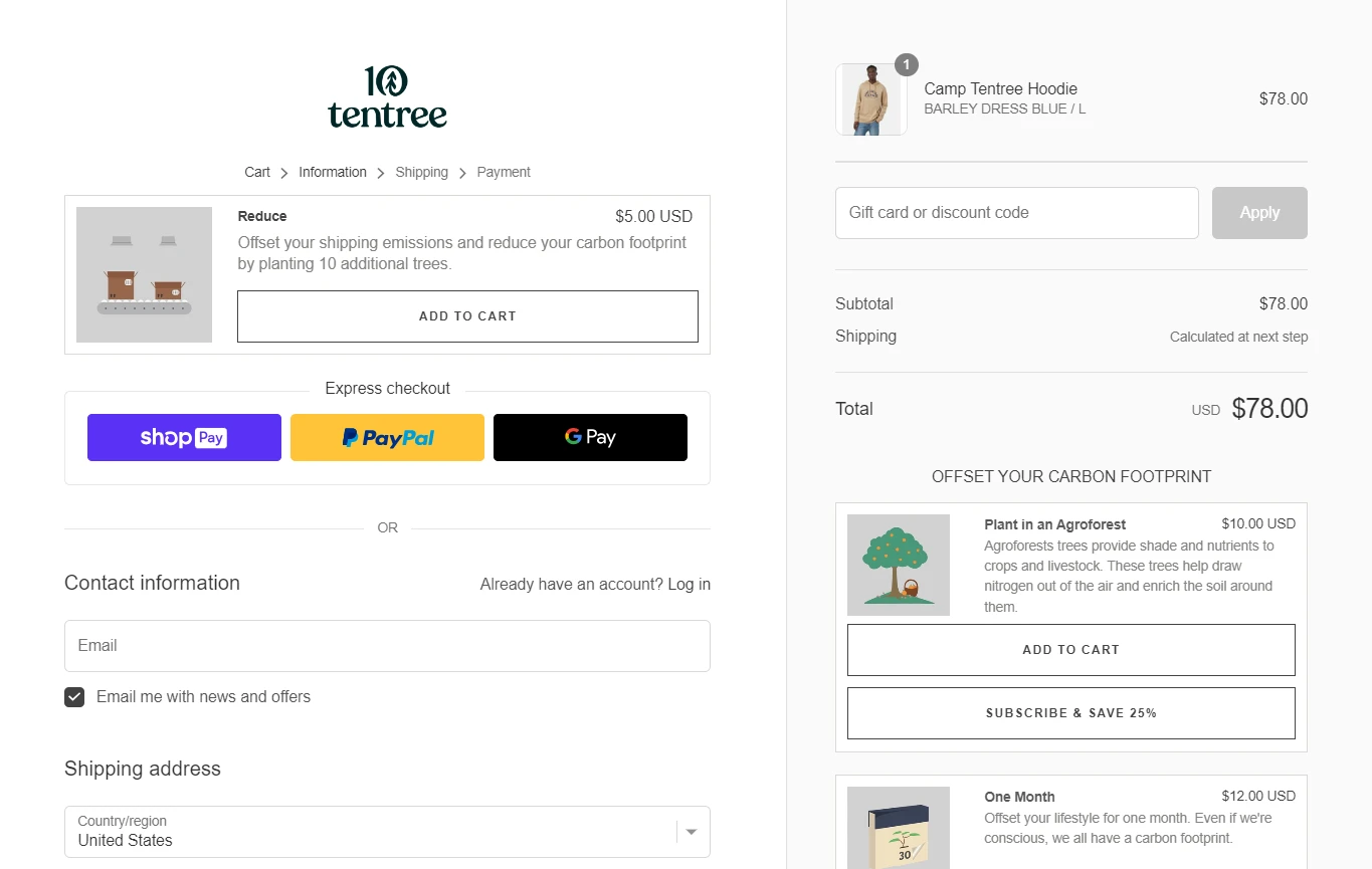 Shopify checkout page - CRO Examples like Tentree