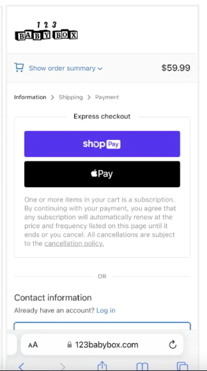 Shopify checkout page - Examples like Baby Box