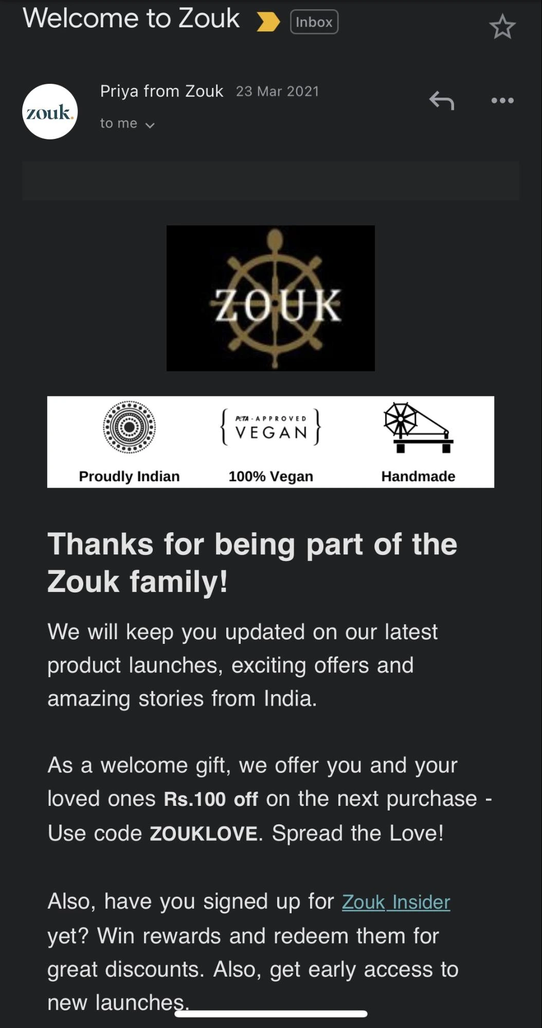 Use email automation to send post-purchase emails like Zouk