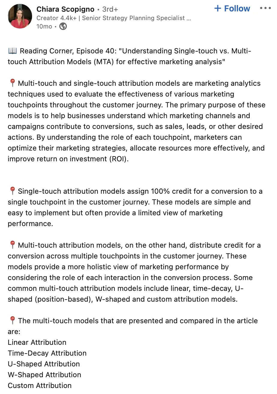 Chiara Scopigno post on single touch vs multi touch attribution through linkedin b4d1a870fb - Lifesight