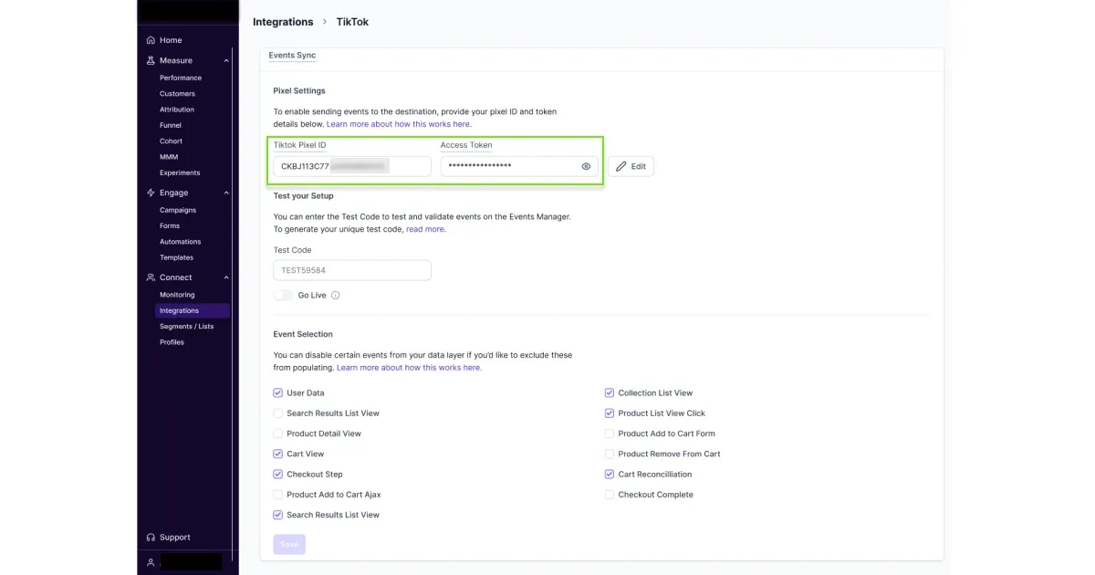 Setting up the Pixel id and access token on Lifesight