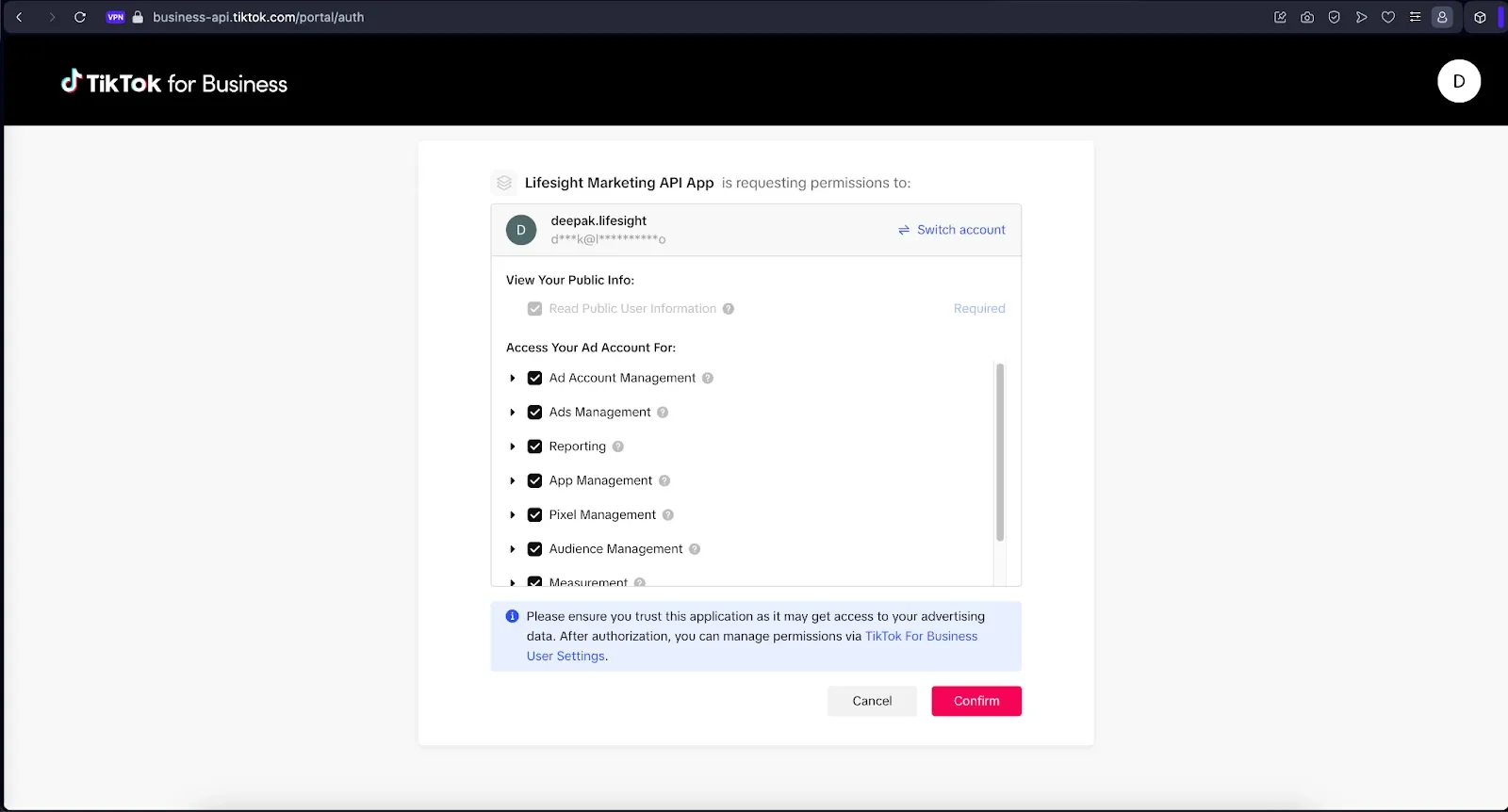 Specifying permissions needed for Tiktok integration