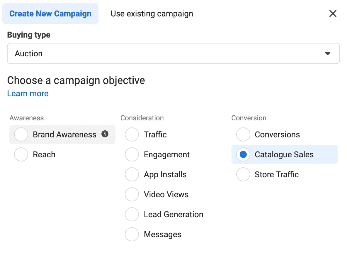 Starting a new Catalog Sales campaign on Facebook Ads Manager