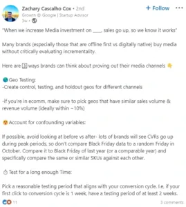 Zachary Cascalho Cox Linkedin Post on brands can think about proving out their media channels
