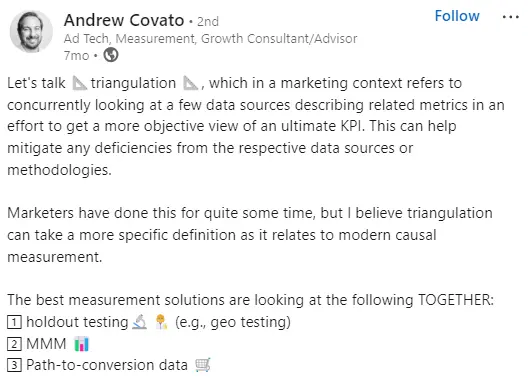 andrew-covato-post-on-linkedin-about-triangulated-approach-to-measuring-the-roi
