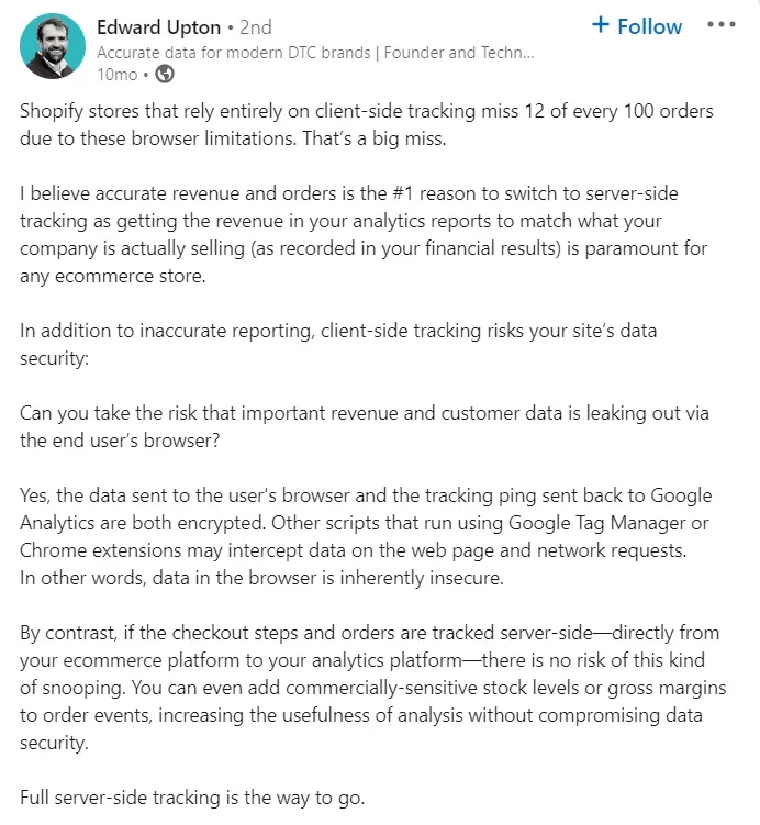 businesses need server side tracking by edward upton through his linkedin post - Lifesight