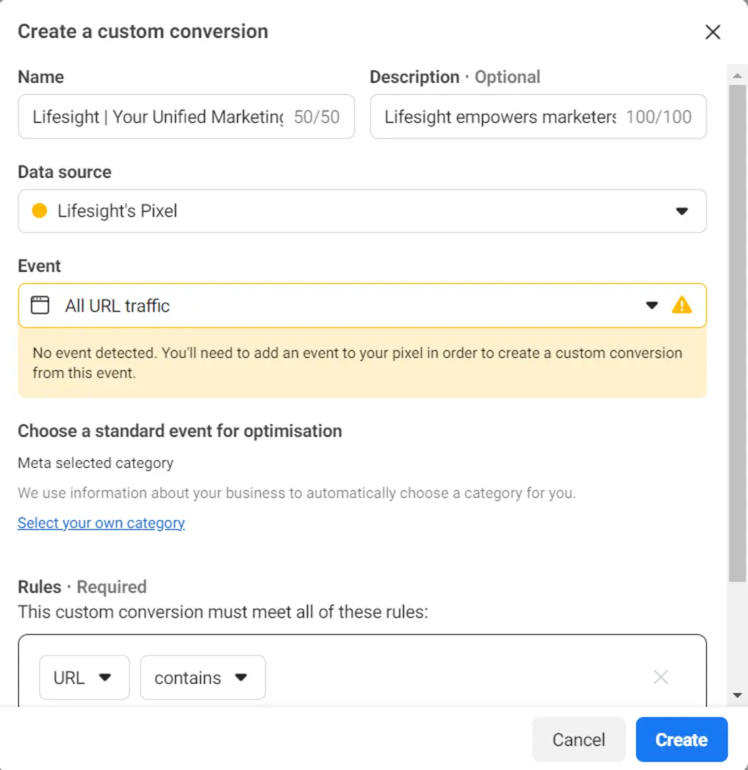 create a custom conversion in facebook ads - Lifesight