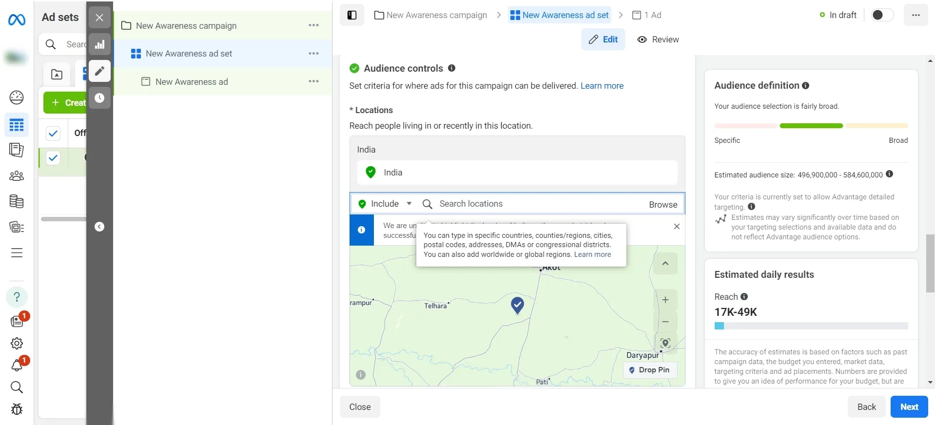 define your geographic parameters in fb ad set - Lifesight