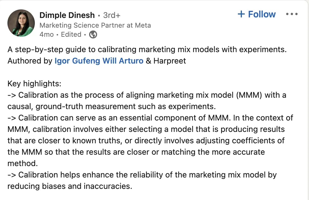 dimple dinesh marketing science partner at meta talks about this mmm calibration guide published by warc in her linkedin post - Lifesight