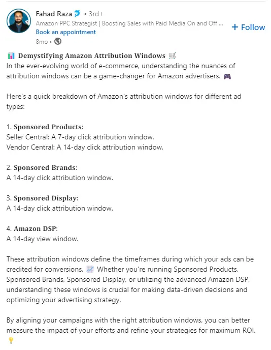 fahad raza linkedin post on attribution windows for different ad types - Lifesight