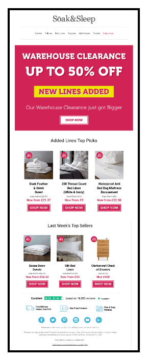 Killer Email Campaign Examples - Clearance sale email from Soak&Sleep