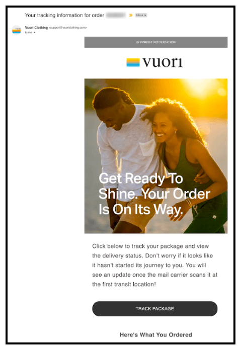 Killer Email Campaign Examples - Shipping notification email from Vuori