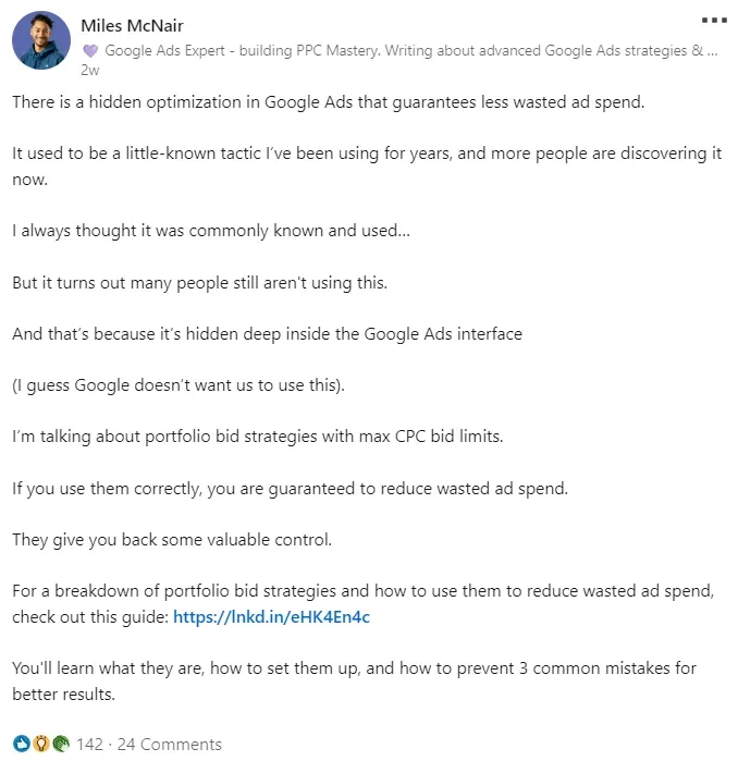 miles mc nair on linkedin about hidden optimization in google ads - Lifesight