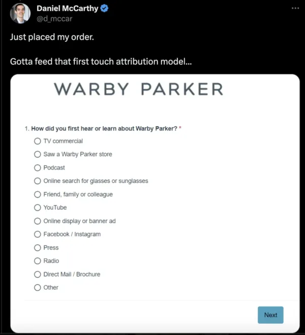 twitter post by daniel mccarthy on real life first touch attribution model